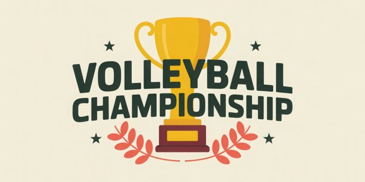 Volleyball Championship yazısı ve altın rengi kupa illüstrasyonu.
