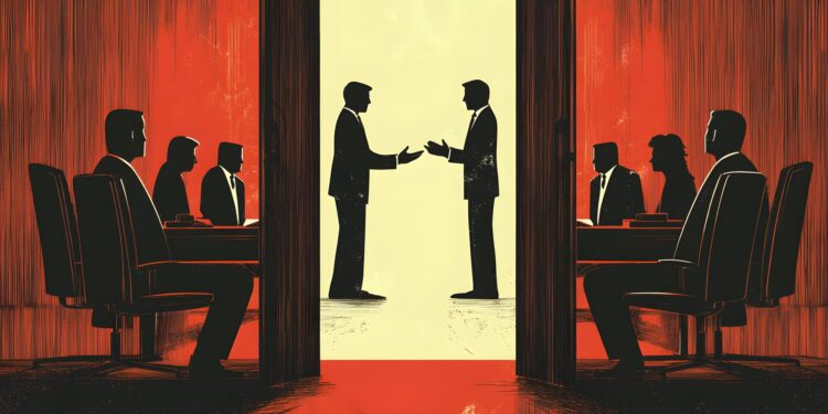 Masada oturan iki grup insanın ortasında el sıkışan siyasetçi silüetleri