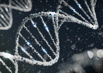 Koyu arka planda parlayan detaylı DNA sarmal yapısı.
