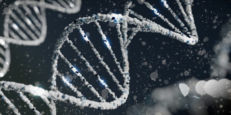 Koyu arka planda parlayan detaylı DNA sarmal yapısı.