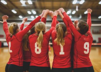 Kırmızı formalı kadın voleybolcular sevinçle ellerini yukarı kaldırmış duruyorlar.