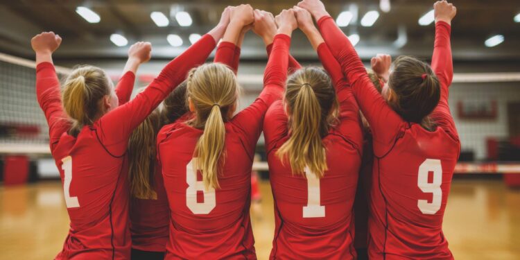 Kırmızı formalı kadın voleybolcular sevinçle ellerini yukarı kaldırmış duruyorlar.