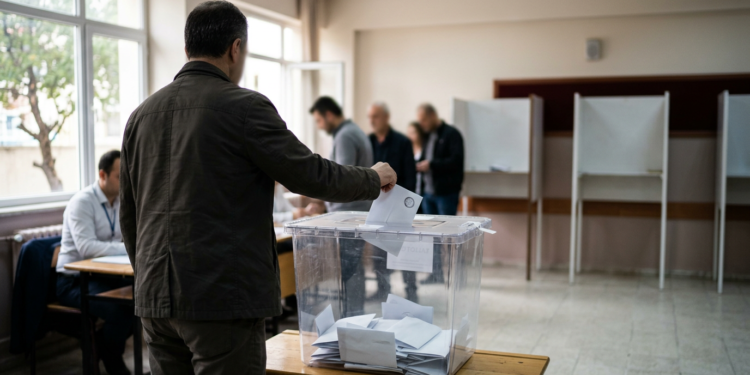 Sınıfta oy sandığına oy pusulası atan seçmenlerin bulunduğu temsili seçim ortamı.