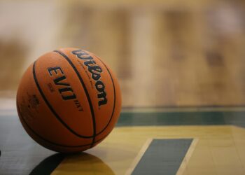 Parke zeminde duran Wilson marka turuncu basketbol topu ve gölgesi.