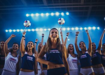 Mavi ışıklar altında zafer kutlayan kadın voleybolcular ve ellerinde voleybol topları