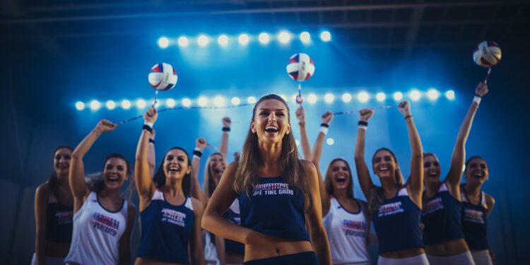 Mavi ışıklar altında zafer kutlayan kadın voleybolcular ve ellerinde voleybol topları
