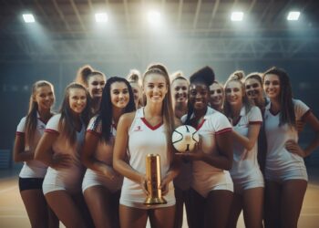 Kupa kazanan ve ellerinde voleybol topu tutan kadın voleybol takımı