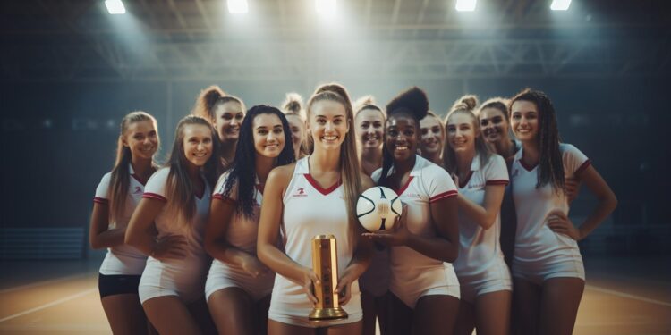 Kupa kazanan ve ellerinde voleybol topu tutan kadın voleybol takımı