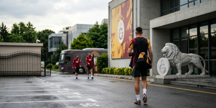 Tesislerde yürüyen futbolcular ve kulüp binası önündeki aslan heykeli.