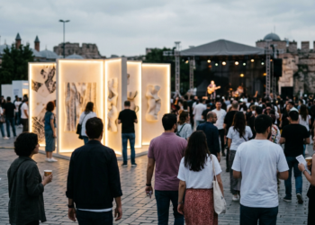 Açık havada düzenlenen sanat festivalinde sergi alanını gezen kalabalık kalabalık insanlar.