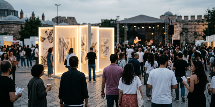 Açık havada düzenlenen sanat festivalinde sergi alanını gezen kalabalık kalabalık insanlar.