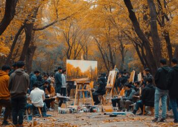 Sonbahar renkleriyle kaplı açık alanda parkta resim yapan kalabalık sanatçılar.