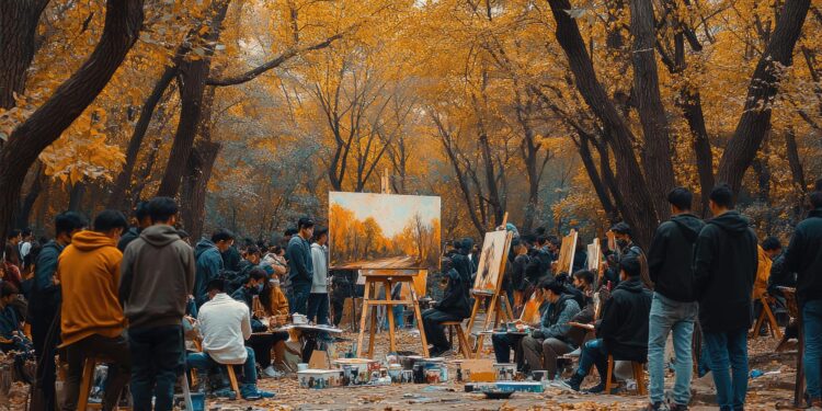 Sonbahar renkleriyle kaplı açık alanda parkta resim yapan kalabalık sanatçılar.