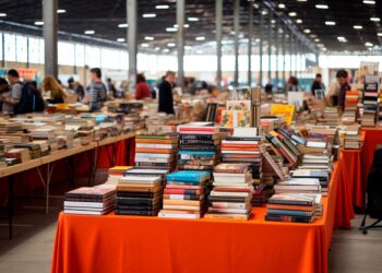 Kitap fuarındaki stantlarda sergilenen düzenli kitap yığınları ve arka plandaki kalabalık.