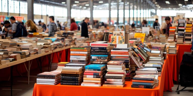 Kitap fuarındaki stantlarda sergilenen düzenli kitap yığınları ve arka plandaki kalabalık.