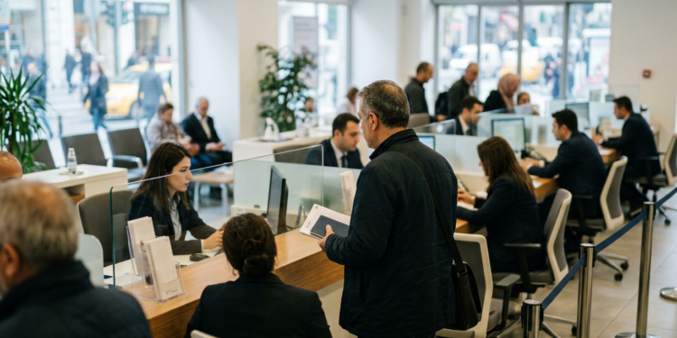 Bankada işlem yapan müşteriler ve gişe memurlarının olduğu kalabalık şube ortamı.