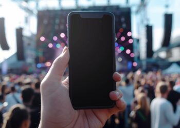 Bir konser alanında kalabalığa doğru tutulan akıllı telefon.