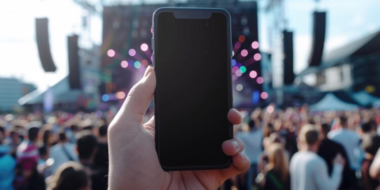Bir konser alanında kalabalığa doğru tutulan akıllı telefon.