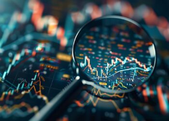 Büyüteç altındaki finansal grafikler ve hisse senedi piyasası verileri.