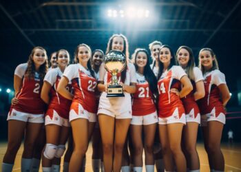 Kırmızı beyaz formalı kadın voleybol takımı ellerinde şampiyonluk kupasıyla poz veriyor.