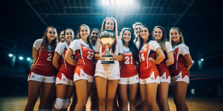 Kırmızı beyaz formalı kadın voleybol takımı ellerinde şampiyonluk kupasıyla poz veriyor.