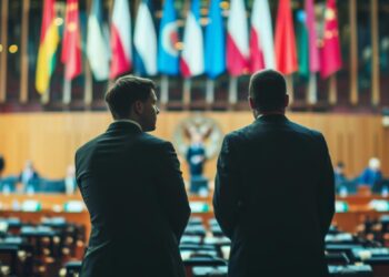 BM oturum salonunda konuşan temsilcileri arkadan izleyen iki diplomatik yetkili.