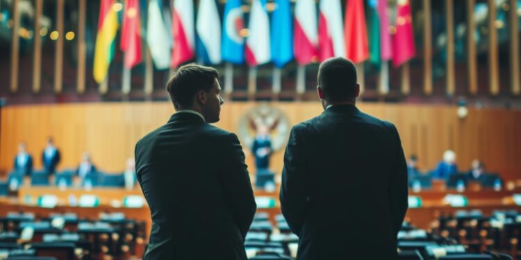 BM oturum salonunda konuşan temsilcileri arkadan izleyen iki diplomatik yetkili.