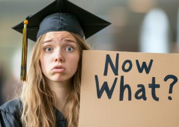 Mezuniyet cüppesi giymiş, endişeli yüz ifadesiyle elinde Now What yazılı karton tutan genç kadın