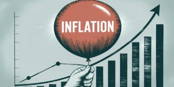Enflasyon yazılı balon ve yükselen grafik çubukları önünde duran el.