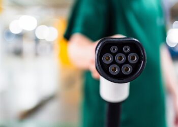 Yeşil tişörtlü bir kişi elinde elektrikli araç şarj fişi tutuyor.
